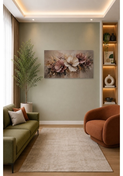 Tam Renk Pudra Gül Kurusu Çiçek Soyut Modern Floral Bej Dekoratif Kanvas Duvar Tablosu Pembe
