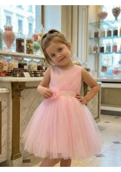 Butikhappykids Kız Çocuk Pembe Volanlı Tüllü Çiçek Detaylı Abiye Elbise 1-5 Yaş Pembe