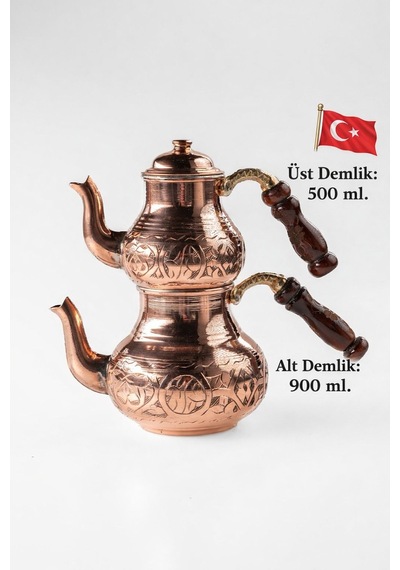 Dmt Copper Home Bakır Küçük Boy 3 Kişilik Çaydanlık El Yapımı Gaziantep Üretimi, Alt 900 Ml Üst 500 Ml Bakır