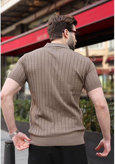 Açık Kahverengi Polo Yaka Slim Fit Triko Erkek Tişört E7465 Açık Kahverengi