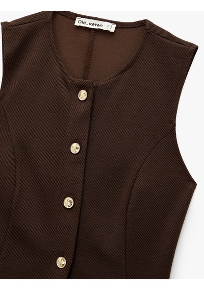 Koton Slim Fit Kolsuz Bisiklet Yaka Düğme Detaylı Yelek Kahverengi 6wal90042ık Kahve