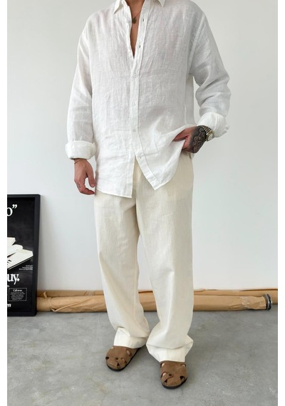Bej Premium Baggy Keten Pantolon