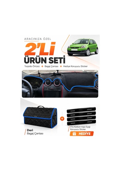 Ford Fiesta Tip 1 2002-2009 Uyumlu Torpido Örtüsü + Deri Bagaj Çantası + Sticker Seti - Siyah Mavi