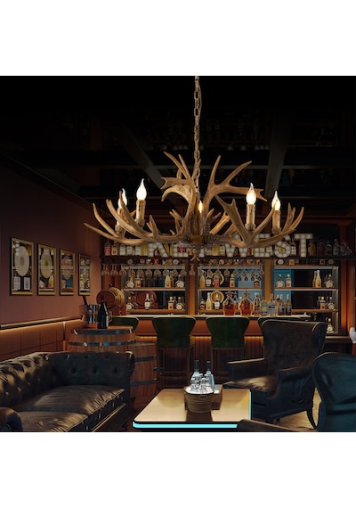 Zoye Ahşap 5'li Geyik Boynuzu Desenli Modern Kafe Restoran. Salon Avize Ahşap