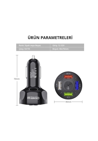 Zuidid Araç Hızlı Şarj 4 Usb 7 A Çoklu Hızlı Şarj Adaptörü