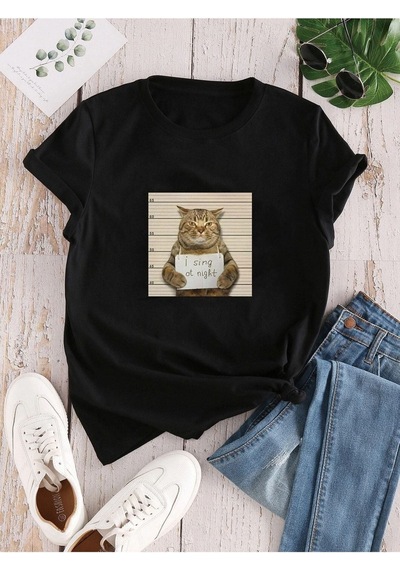 Kadın Siyah Oversize Kedi Baskılı T-shirt Siyah-66592