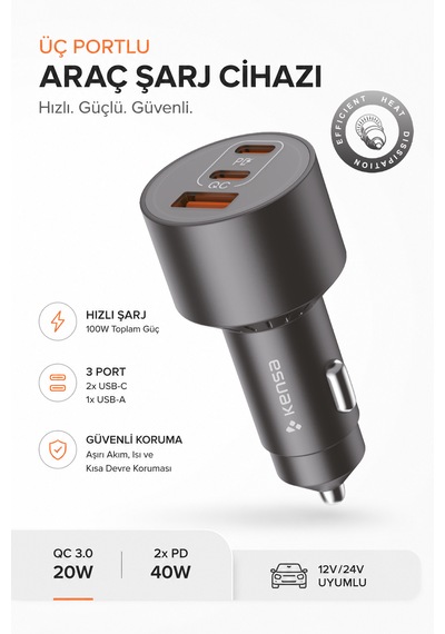 100w Araç Hızlı Şarj Aleti 2 Usb-c + Qc Usb Girişi Tüm Araçlar Uyumlu Şarj 100w Silver