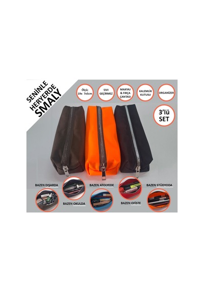 Kalemlik 3lü Set/paket Organizer Makyaj Çok Amaçlı Pinterest Okula Dönüş Çantası Tek Bölmeli Haki+neon Oranj+siyah
