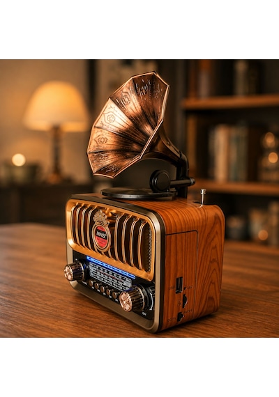 Nostalji Gramofon Tasarımlı Fm Radıo Hafıza Kartı Ve Usb Flash Bellek Destekli Şarj Edilelir Bluetooth Hoparlör