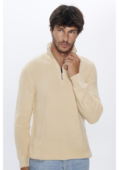 Tudors Erkek Slim Fit Dar Kesim Dik Yaka Fermuarlı Bej Triko Kazak-26254-bej Bej