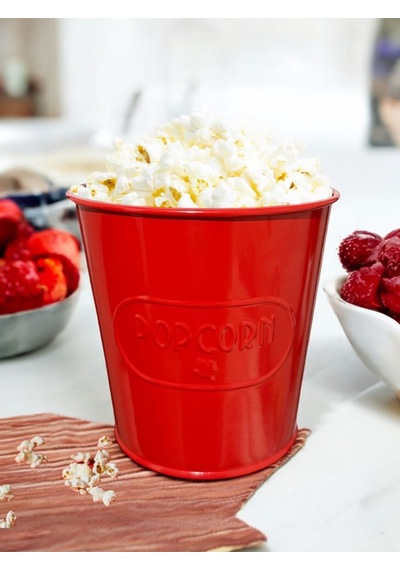 Toptanfoni Kırmızı Metal Popcorn Kutusu - Patlamış Mısır Kovası Kendinden Kabartma Desenli 3 Adet Kirmizi