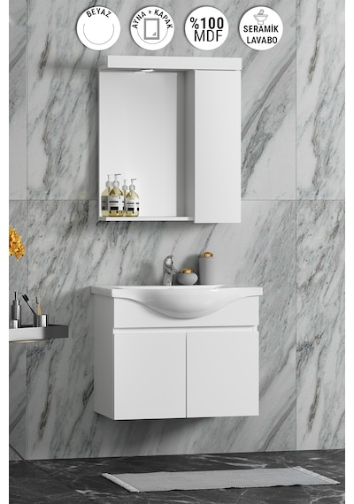 Yıldız Asma 65 Cm Beyaz Mdf Lavabolu Asma Banyo Dolabı Takımı Beyaz