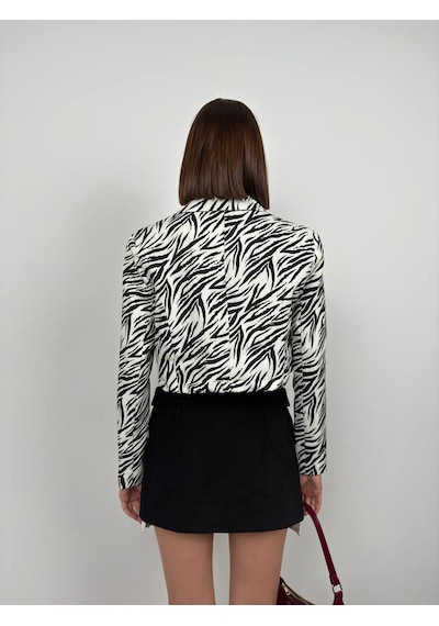 Vuvutasarım Yeni Sezon Desenli Simetrik Katlamalı Yaka Tek Düğme Crop Kadın Blazer Ceket 24s08012 Siyah