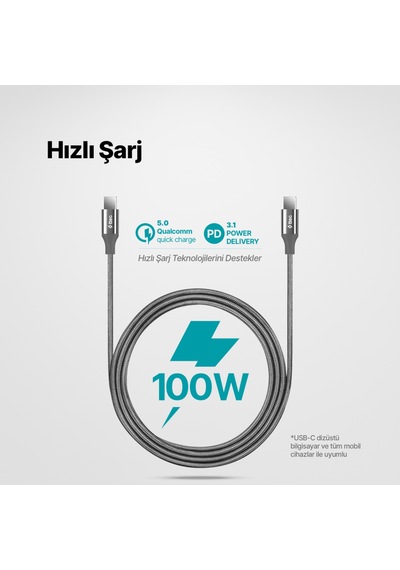 Ttec 2DK53UG Alumicable USB-C - USB-C 150 CM 100W PD/Qc Hızlı Şarj/Data Kablosu Uzay Grisi