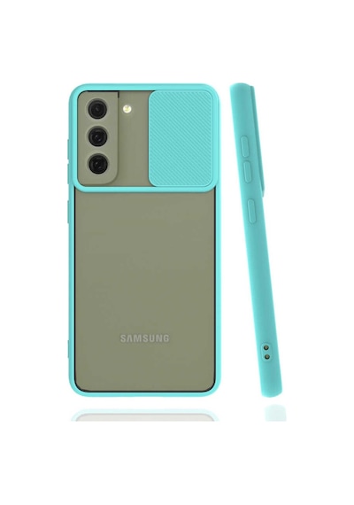 Noktaks - Samsung Galaxy Uyumlu S22 - Kılıf Slayt Sürgülü Arkası Buzlu Lensi Kapak - Turkuaz