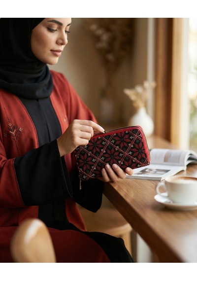 Zaytoon Filistin Geleneksel Renkli Kırmızı Nakışlı Çift Fermuarlı Kadın Büyük Cüzdeni 20x10 Cm A100027 Kirmizi