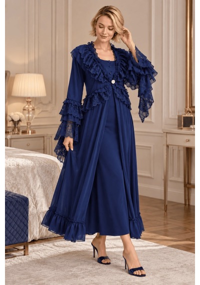 Mecit Pijama Mecit 6411 Lacivert Dantel Detaylı Kadın Sabahlık Gecelik Takım