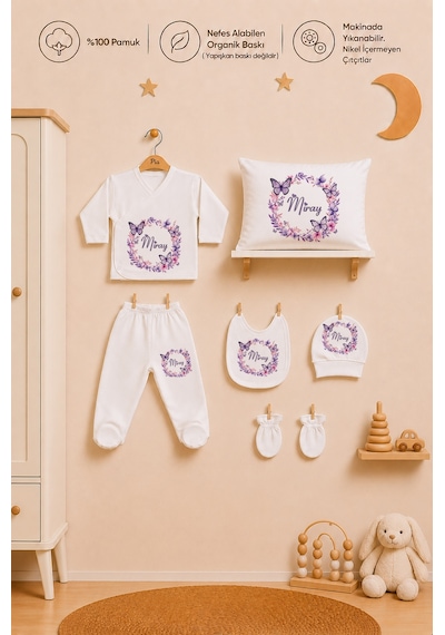 Pia Baby Hastane Çıkışı Kız Bebek 7 Parça Zıbın Seti %100 Pamuk İsme Özel 1090zyb0x Ekru