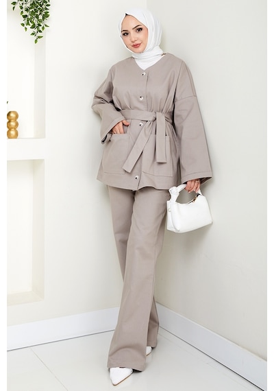 Bestenur Kemerli Ceket Pantolon Gabardin Takım 1557 - Taş Taş