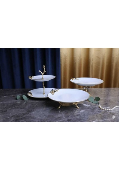 Çnr Home Collection 3 Parça Metal Ayakli Porselen Sunumluk Kurabiyelik Şekerlik Beyaz