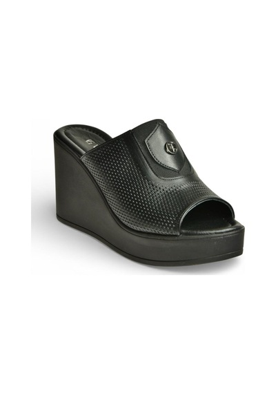 Fox Shoes Y555250703 Siyah Hakiki Deri Dolgu Topuklu Kadın Terlik Siyah