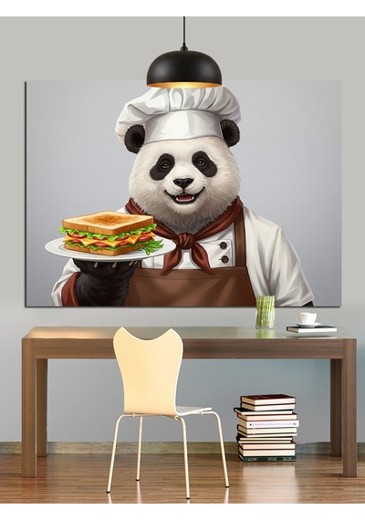 Panda Aşçı Sandviç Tutuyor Dekoratif Kanvas - Mdf Ahşap Tablo