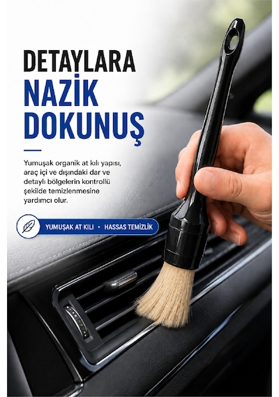 3 Lü Oto Detay Fırçası Seti Yumuşak Organik At Kılı Araç İç Dış Temizlik Fırçası
