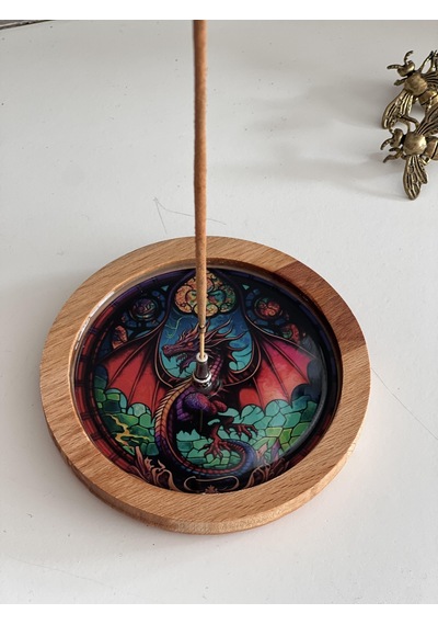 Ahşap Üzerine Epoksi Mandala Desenli Yuvarlak Tütsülük -12 Cm Çap- Ejderha/dragon