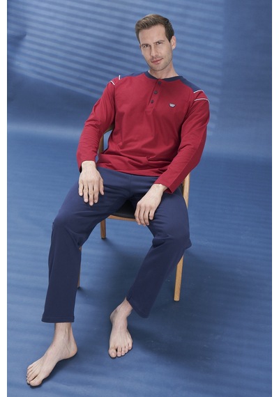 Remsa Erkek Penye Yarım Düğme Detay Uzun Kol Pijama Takımı 2134 Bordo05