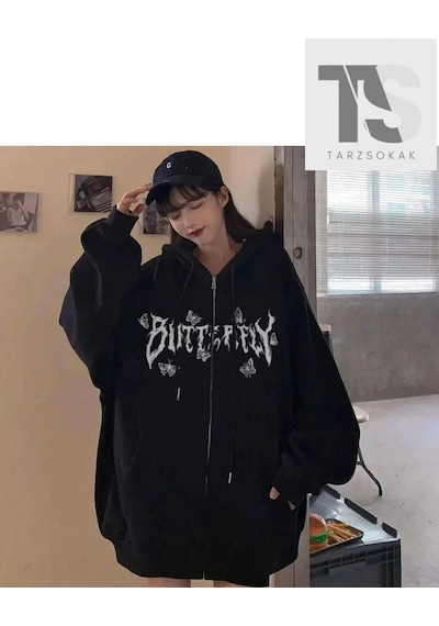 Adrift Butterfly Yazılı Figürlü Sweatshirt Fermuarlı Hırka Siyah