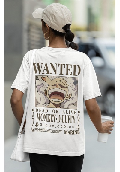 Wanted Monkey D. Luffy Sırt Baskılı Unisex Oversize One Piece Ani Beyaz