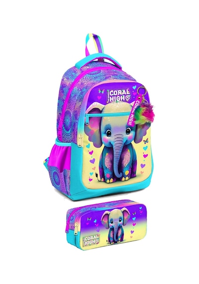 Coral High İlkokul Sırt Çantası Ve Kalemlik Seti - Kız Çocuk - Pembe Turkuaz Fil