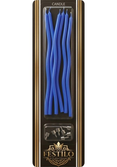 6 Lı Kıvrımlı Mum Mavi Pasta Süsü Spiral Mum Pasta Mumları 16 Cm