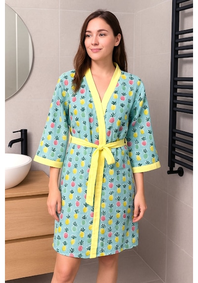 Baskılı Müslin Kimono Bornoz Unisex %100 Pamuk Yumuşacık 2 Katlı Doğal Kumaş - Ztmbb10 Sarı