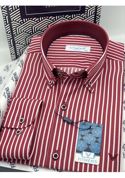Slim Fit Uzun Kol Premium Kalın Çizgili Yaka Düğmeli Hediye Kutulu Kolay Ütülenebilir Erkek Gömlek Fs-001375 - Bordo-1490