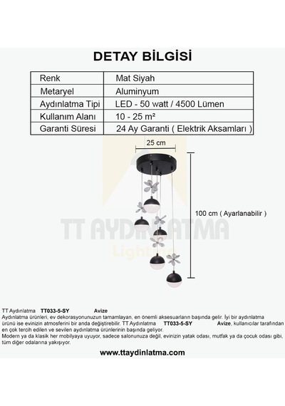 Ttaydınlatma Kelebek Toplu Model Matsiyah 5 Li 3 Renkli Led Avize Siyah