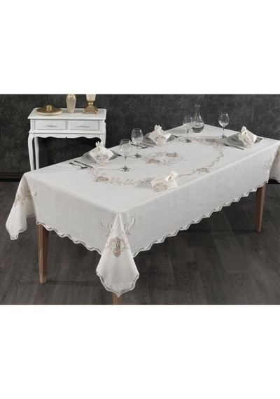 Hazan Fransız Dantelli Yemek Takımı - 25 Parça Krem Krem