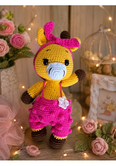 Zürafa Örgü Bebek Pembe - Sarı