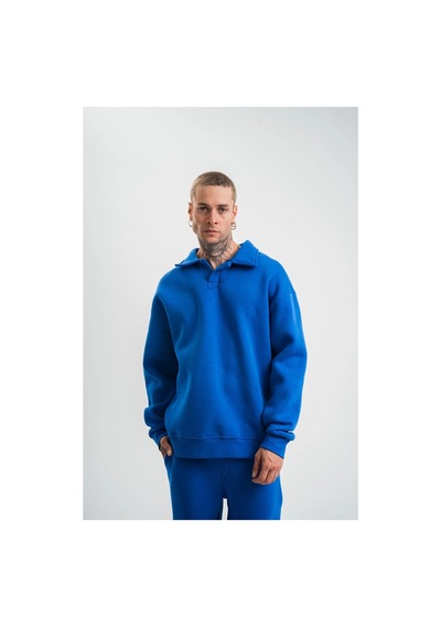 Erkek Açık Yakalı Oversize 3 İplik Pamuklu Sweatshirt - Mii Mavi
