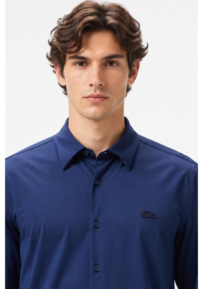 Lacoste Mens Slim Fit Navy Cotton Shirt Dar Kesim Erkek Gömlek Lacivert