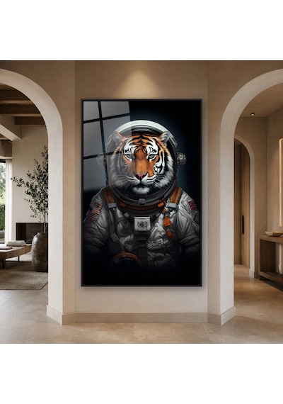 Astronot Kıyafetli Kaplan Portresi Siyah Çerçeveli Cam Tablo