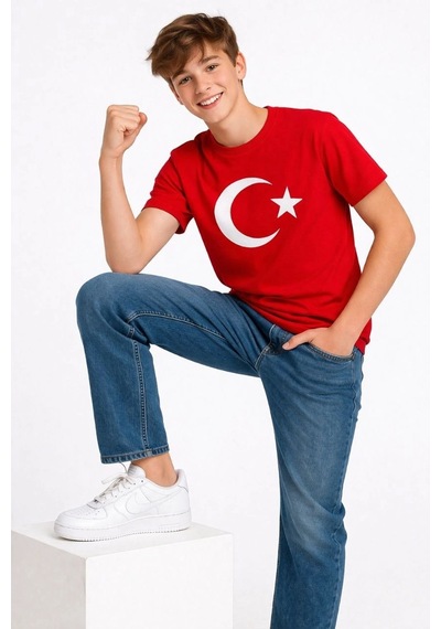 Wear Vexel Erkek Çocuk Tişört Bisiklet Yaka Ay Yıldız Bayrak Baskılı T-shirt - Kırmızı Çok Renkli