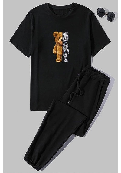 Uyguntarz Unisex Boys Bear Baskılı 2'li Eşofman Takımı Siyah