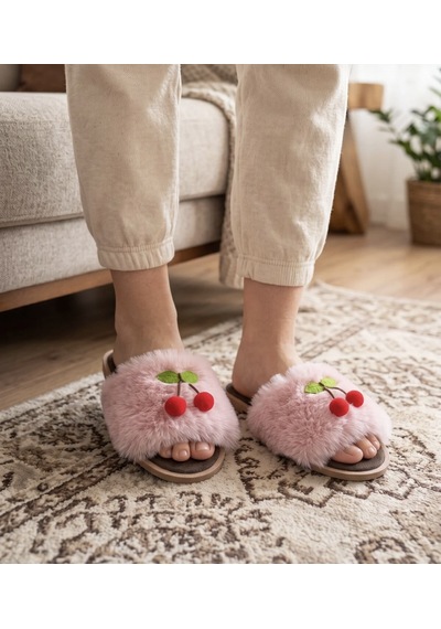 Kadın Kiraz Detaylı Tüylü Peluş Terlik Pembe