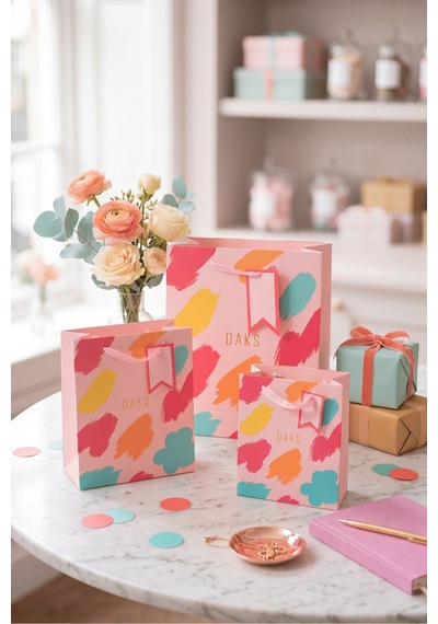 Pastel Pembe Renkli Fırça Desenli 3 Boy Karton Hediye Çantası Seti 3+