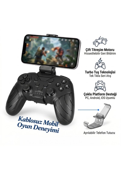 İdragon X6 Kablosuz Bluetooth Gamepad - Turbo Tuşlu, Ayrılabilir Telefon Tutuculu Oyun Kolu Android, Apple iOS, Pc Uyumlu