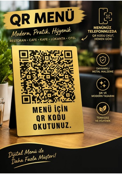 Gold Metal Qr Menü Standı A5 Boyut Siyah Baskılı Restoran & Cafe Menü Tabelası