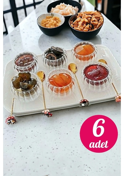 6'lı Çift Cidarlı Cam Lokumluk Çerezlik Sosluk Drajelik Desenli Dekor Borosilikat Sunum Mini Kase