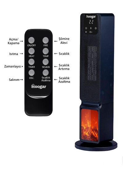Hoogar German 2701 L Black Oled Şömineli Ekran Dijital Göstergeli Kule Tipi Seramik Hızlı Isıtıcı