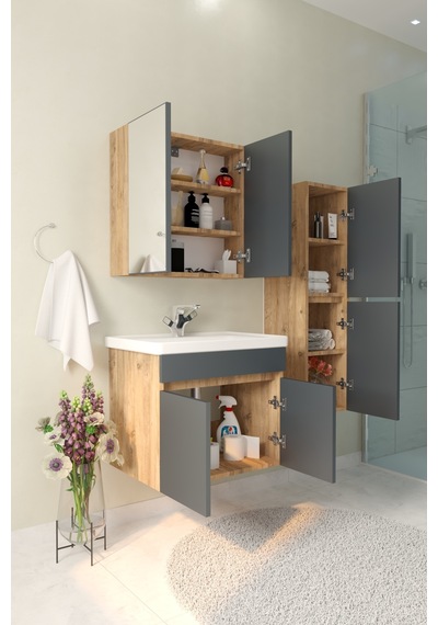 Tokyo 65 Cm Havlu Dolaplı Aynalı Banyo Dolabı Takımı Seramik Lavabolu Mdf Gövde Antrasit Gri - Atlantik Çam Tokyo 65 Cm Havlu Dolaplı Aynalı Banyo Dolabı Takımı Seramik Lavabolu Mdf Gövde Antrasit Gri - Atlantik Çam